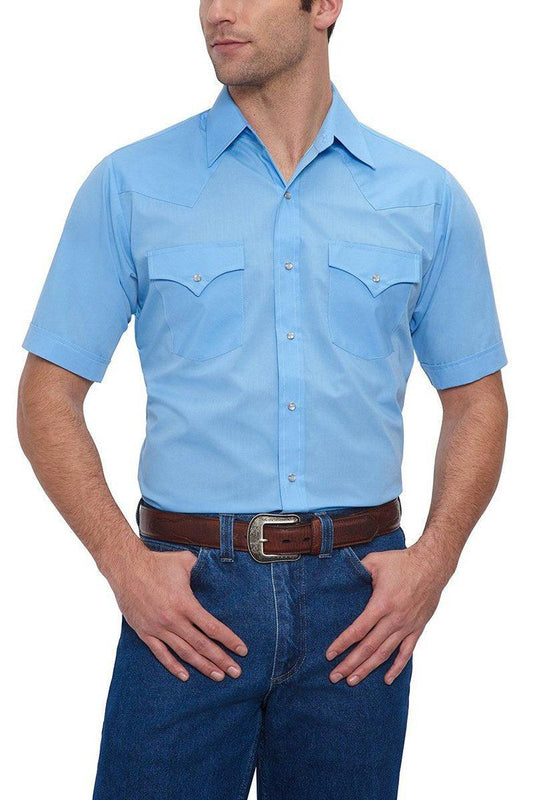 Ely Cattleman Mens S/S Blue Solid Snap Shirt - Flyclothing LLC