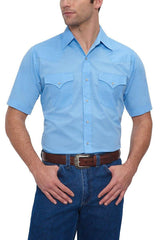 Ely Cattleman Mens S/S Blue Solid Snap Shirt - Flyclothing LLC