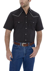 Ely Cattleman Mens S/S White W/ Black Piping Snap Shirt - Flyclothing LLC