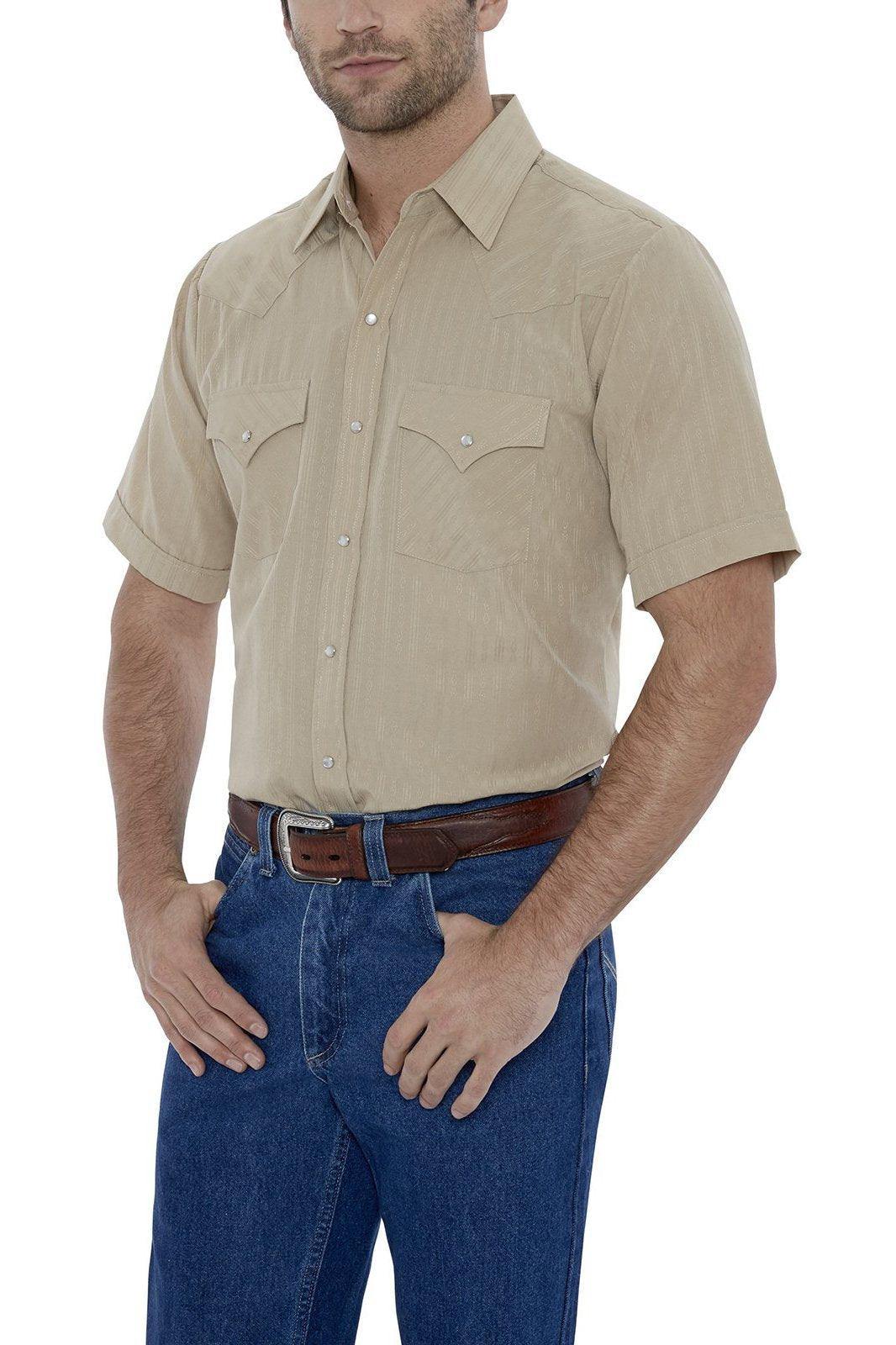 Ely Cattleman Mens S/S Khaki Tone On Tone Snap Shirt - Flyclothing LLC