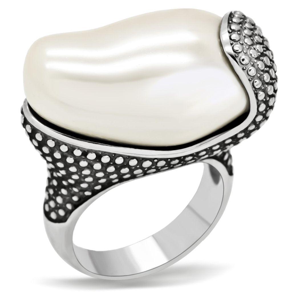 Alamode High polished (no plating) Stainless Steel Ring with Synthetic Synthetic Stone in White - Flyclothing LLC
