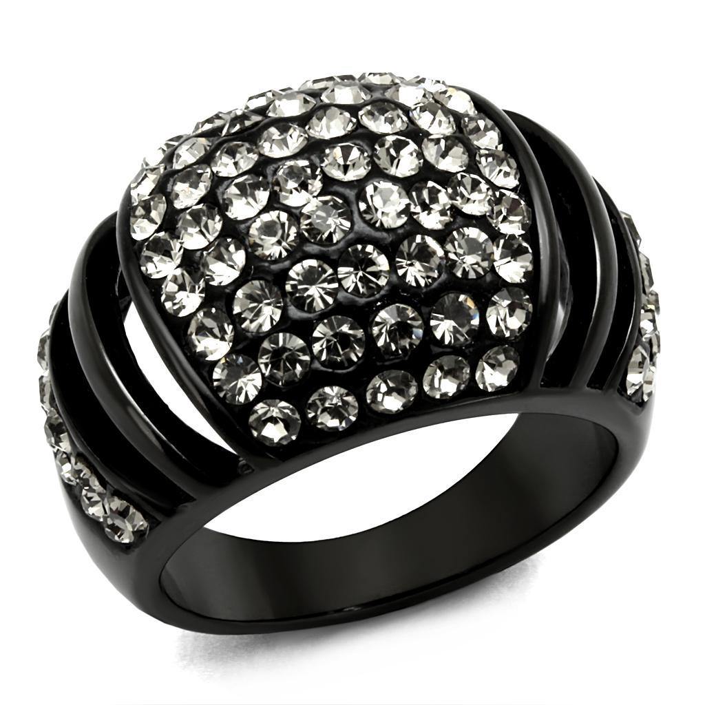 Alamode IP Black(Ion Plating) Stainless Steel Ring with Top Grade Crystal in Hematite - Alamode